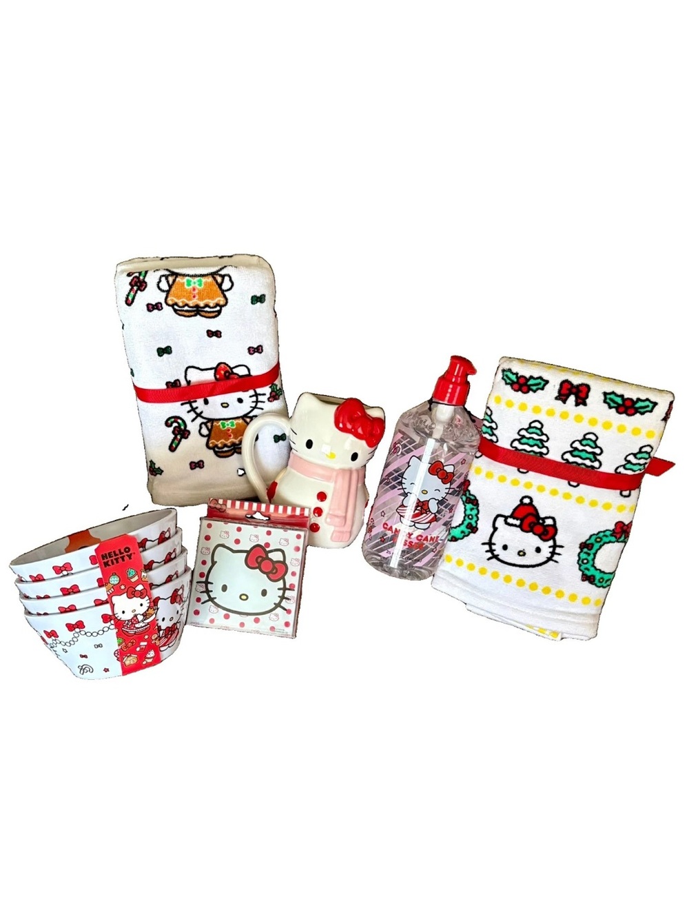 HELLO KITTY XMAS Snowman Mug Gingerbread Towel Candy Cane Bowls Coasters x14 NWT